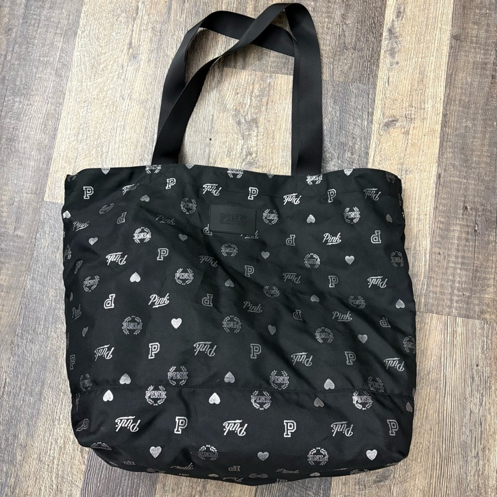 🖤VICTORIA’S SECRET🖤💕PINK💕🖤Black & Silver🩶Logo Large Canvas Tote Bag